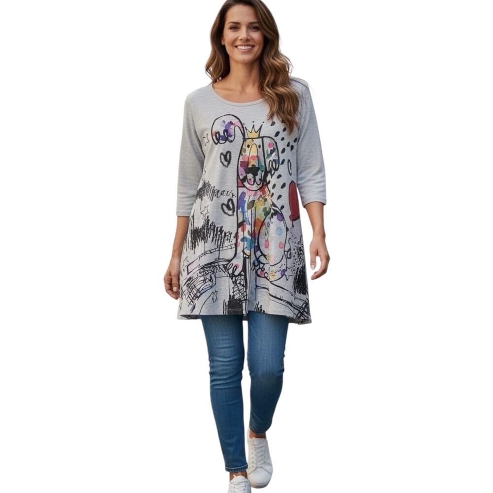 57. Et’Lois Dog Abstract Colorful Top / Tunic Size M